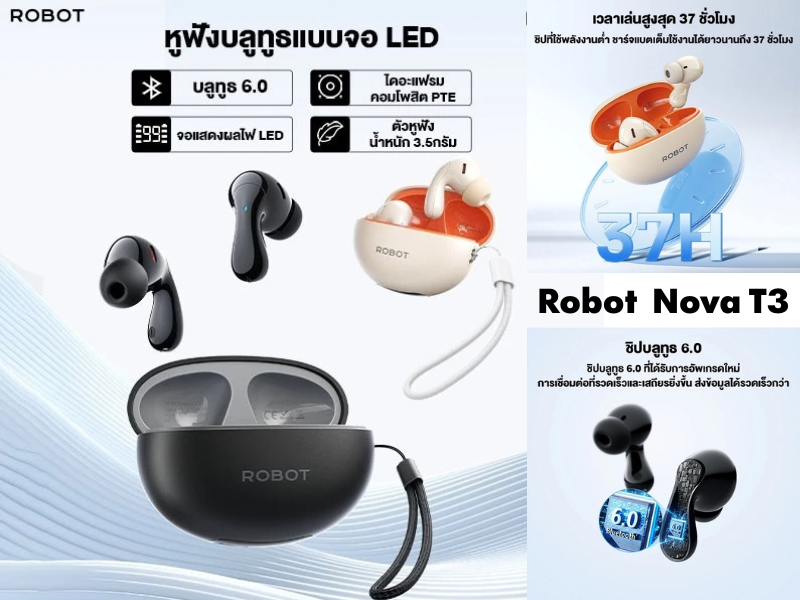 ROBOT รุ่น NOVA T3 หูฟังมือถือ หูฟังบลูทูธไร้สาย TWS พร้อมจอ LED