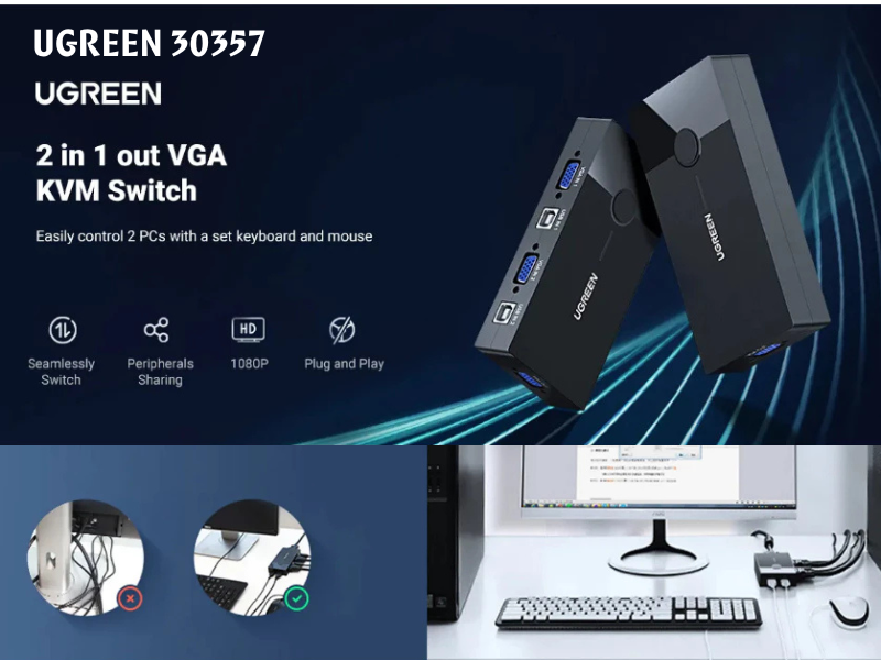 UGREEN VGA KVM Switch รุ่น 30357 เป็นอุปกรณ์สวิตช์ KVM แบบ 2 พอร์ต