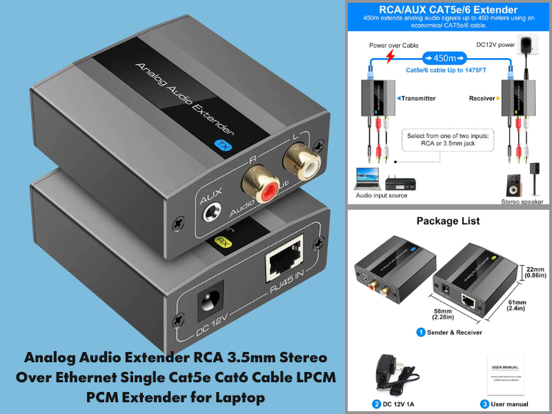 Analog Audio Extender RCA 3.5mm Stereo Over Ethernet Single Cat5e/Cat6