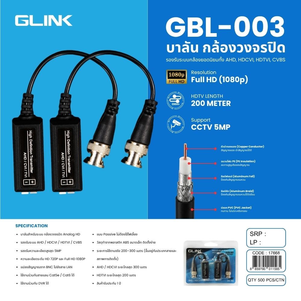 GLINK GBL-003 เป็นอุปกรณ์แปลงสัญญาณภาพแบบ UTP Video Balun