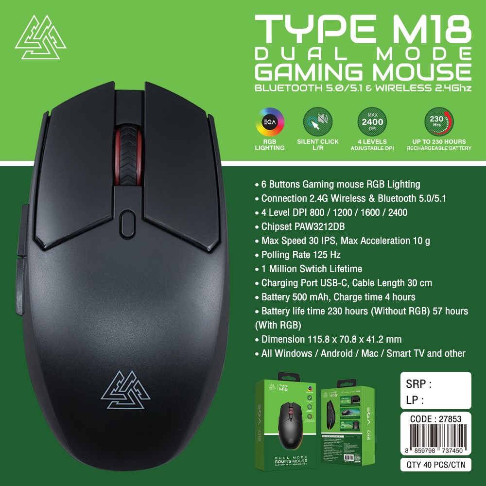 EVG Gaming Mouse Dual Mode Bluetooth5.0/5.1 & Wireless2.4Ghz