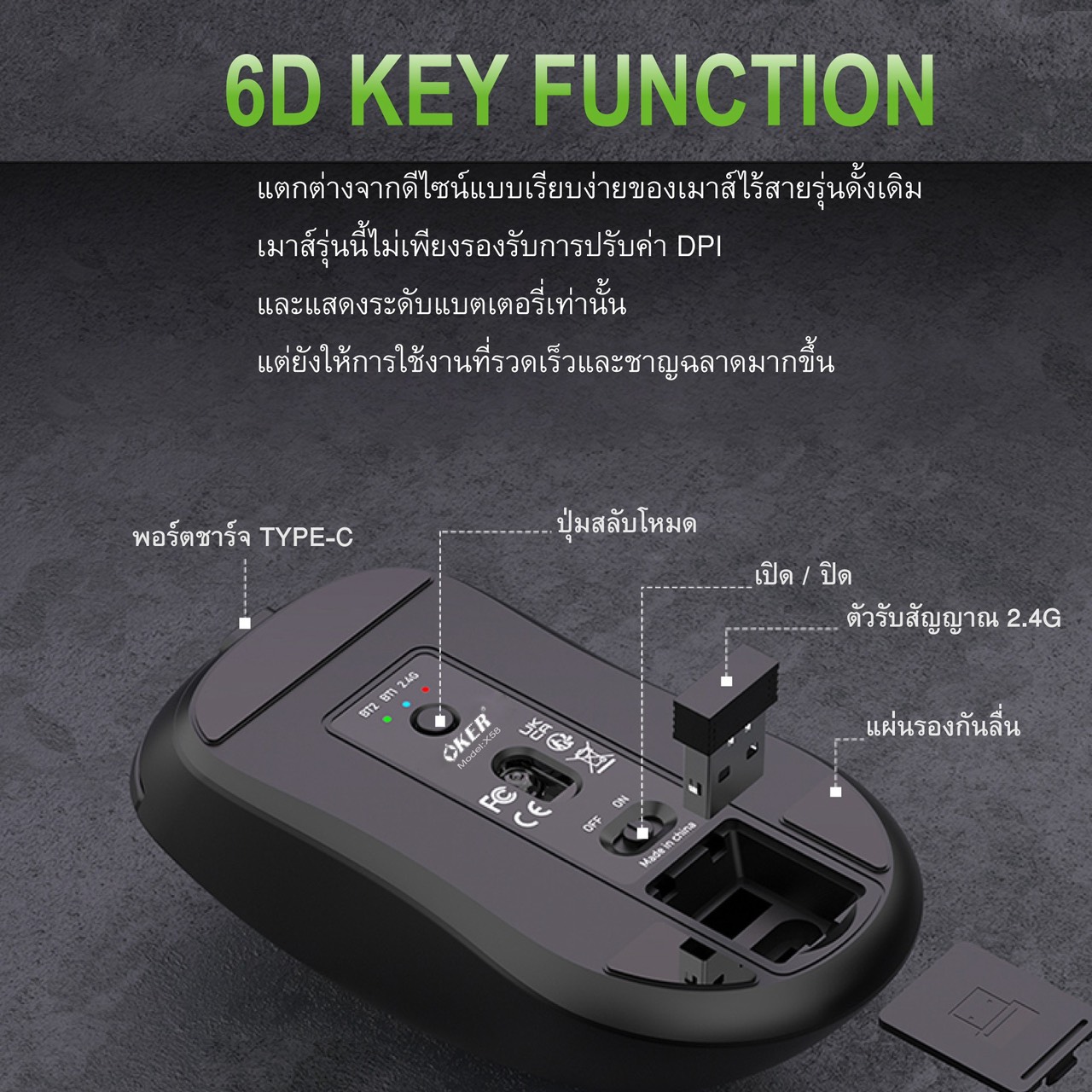 OKER เม้าส์ไร้สาย รองรับการเชื่อมต่อแบบ Bluetooth & Wireless 2.4G ชาร์จแบตได้
