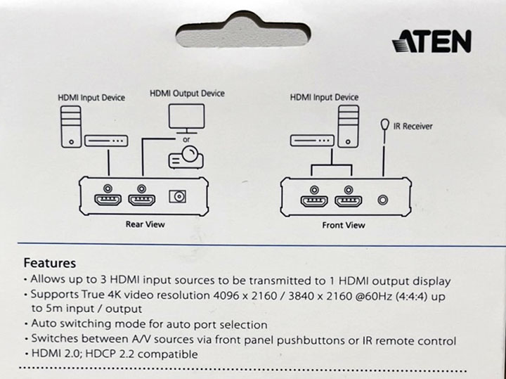 3-Port True 4K HDMI Switch - VS381B, ATEN Video Switches